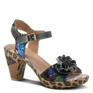 Lartist Wildcat Sandals Heeled Floral Leopard Print Ankle Strap Leather Size 41
